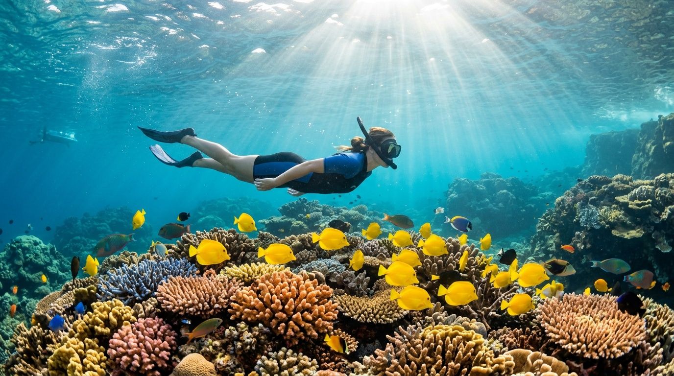 A person snorkeling over a vibrant coral reef filled with colorful tropical fish in crystal clear water.