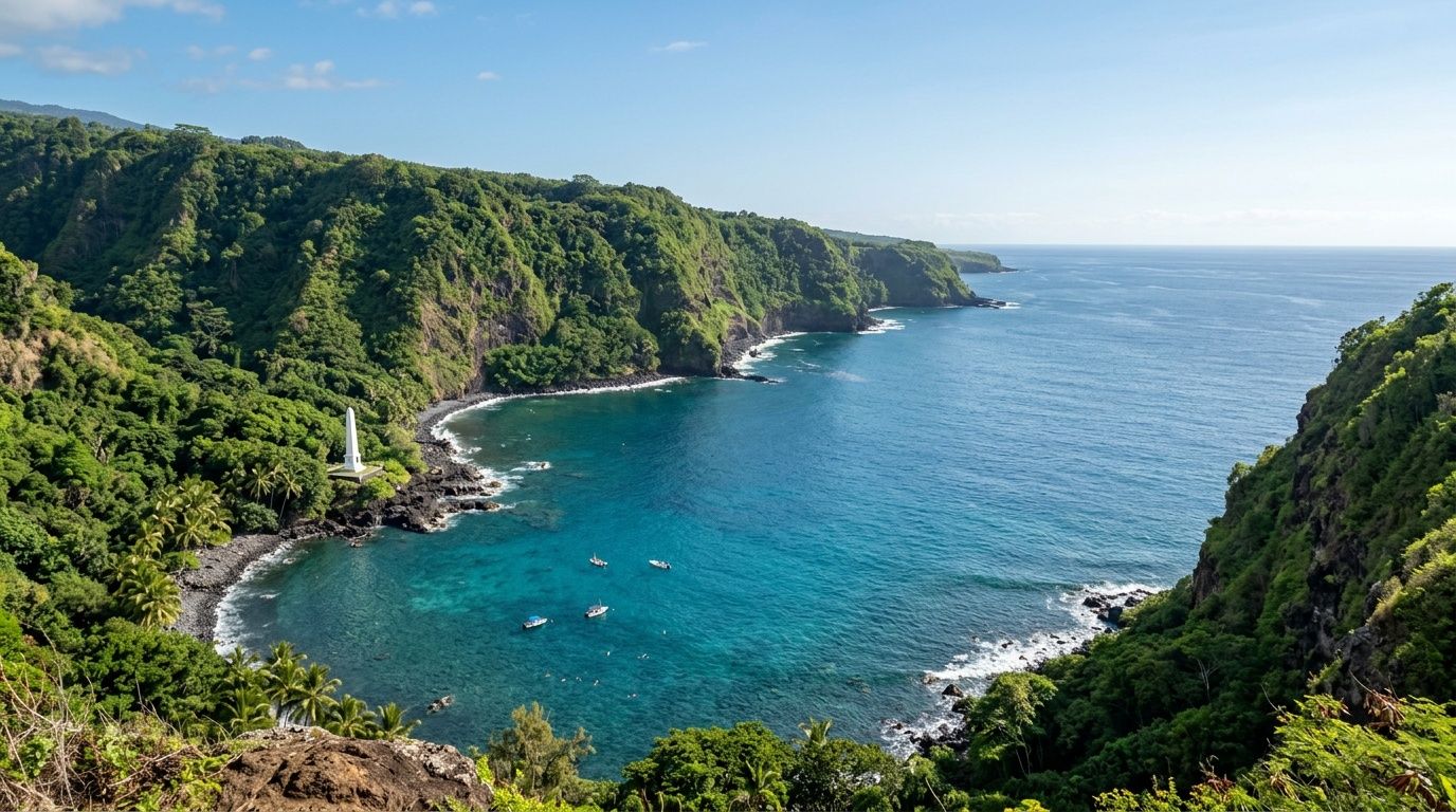 A scenic view of Kealakekua Bay with a white monument on the lush green tropical shoreline