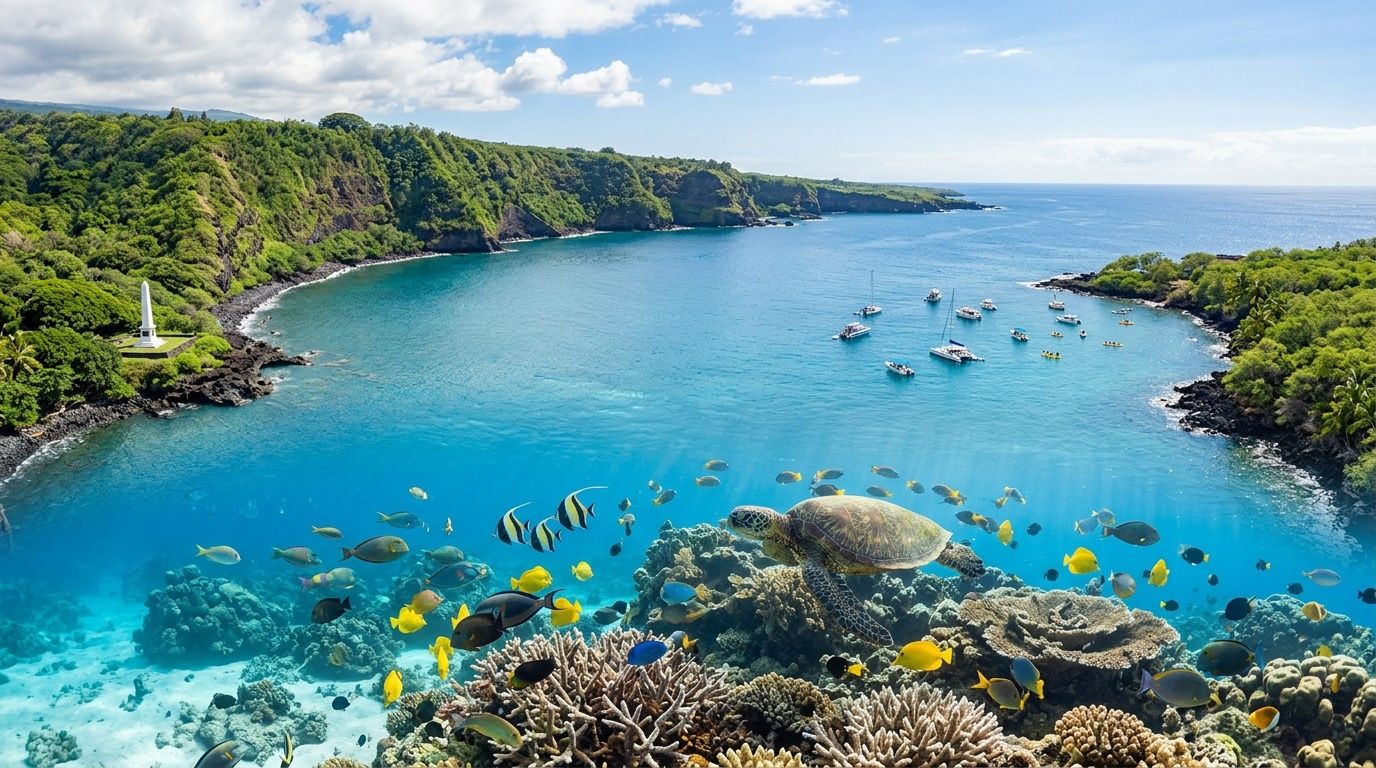 A scenic view of Kealakekua Bay with boats floating on clear blue water above a vibrant coral reef.