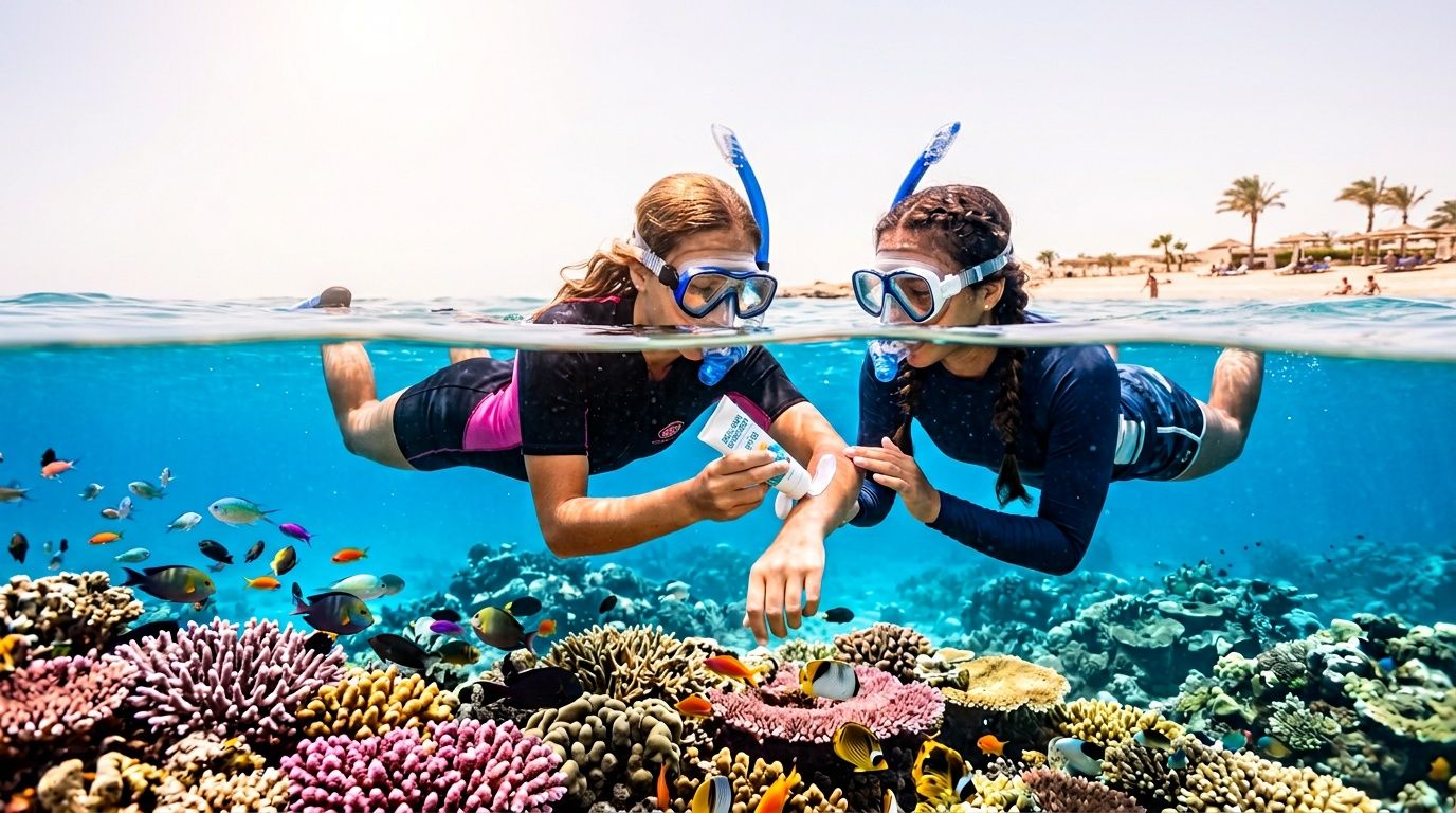Two women snorkeling in a vibrant coral reef while applying sunscreen to their skin underwater.