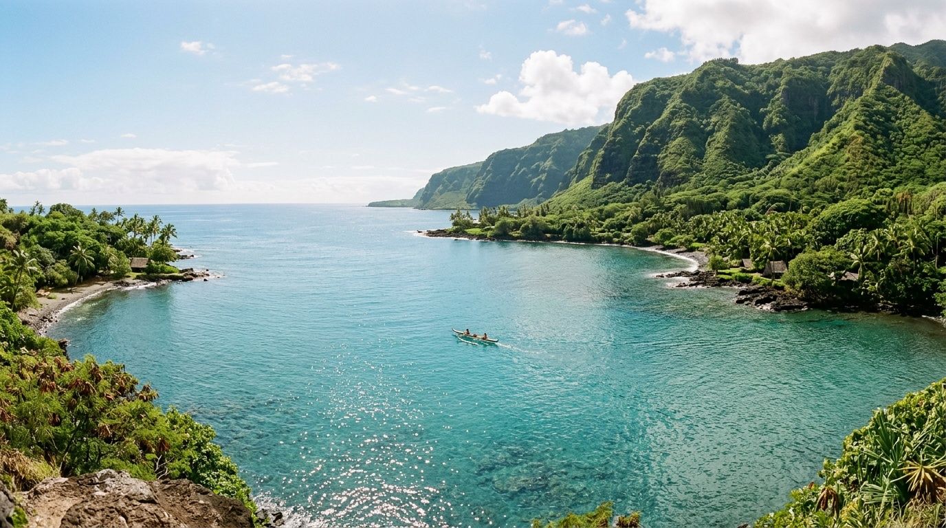 A wide aerial view of a turquoise tropical bay in Hawaii with lush green mountains and a canoe.