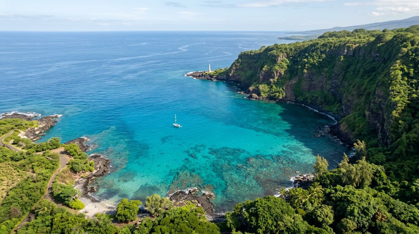 An aerial view of a vibrant turquoise bay with a sailboat anchored near a lush green cliffside.