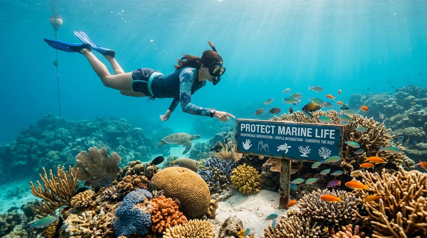 A snorkeler points to an educational sign about protecting marine life while swimming above a colorful coral reef.