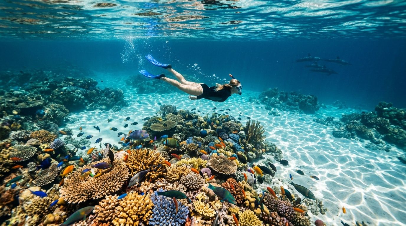 A snorkeler swims gracefully above a vibrant tropical coral reef with clear blue water and fish.