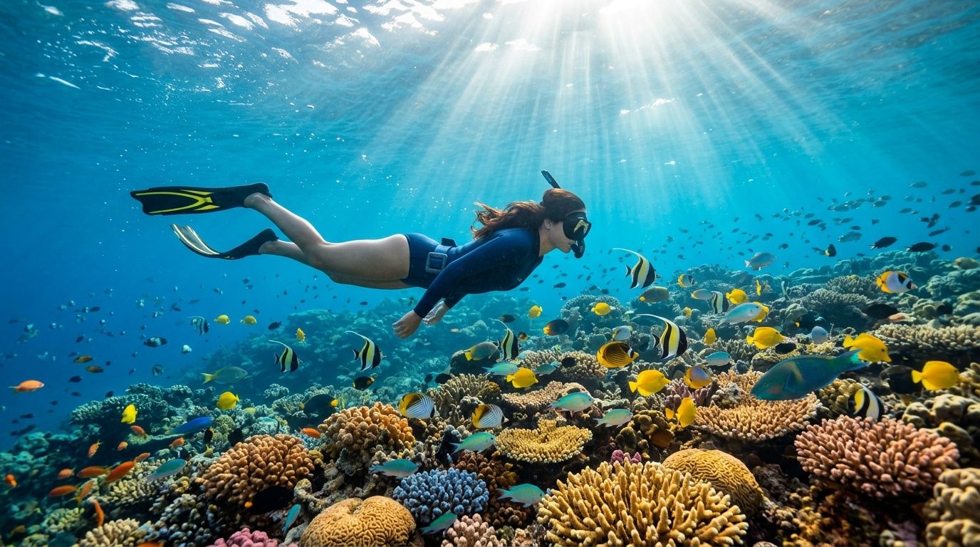 A snorkeler swims gracefully above a vibrant tropical coral reef filled with diverse fish in clear blue water.