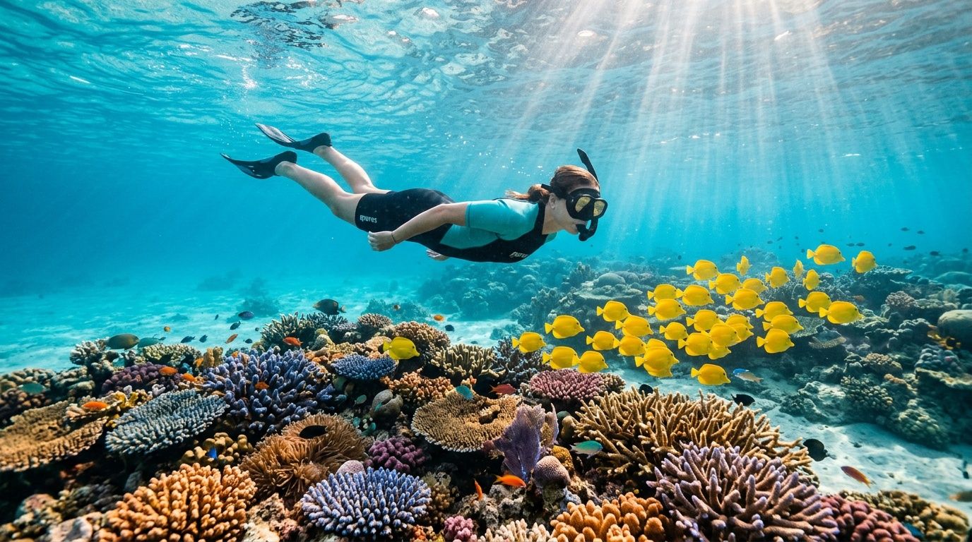 A snorkeler swimming gracefully above a vibrant coral reef filled with many bright yellow tropical fish.