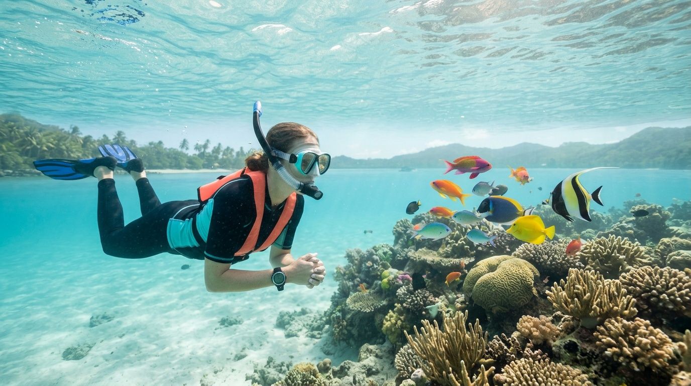 A person snorkeling in crystal clear tropical water surrounded by vibrant coral reefs and colorful tropical fish.