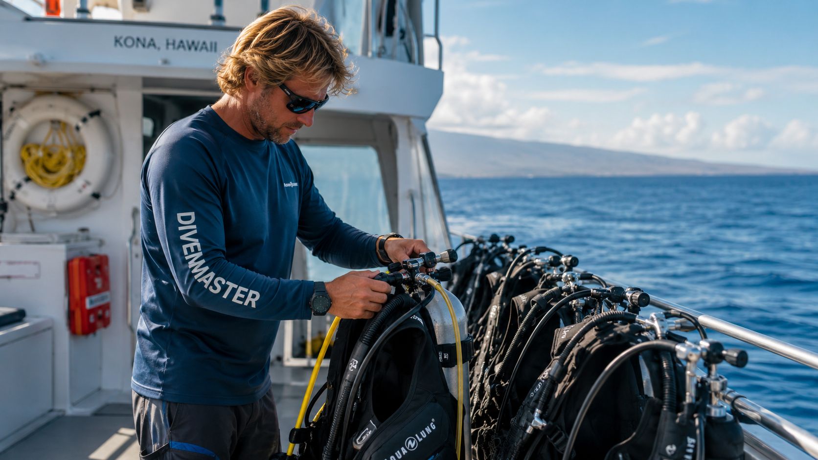 A divemaster on a boat in Kona, Hawaii, preparing scuba diving equipment for a deep-sea ocean dive.