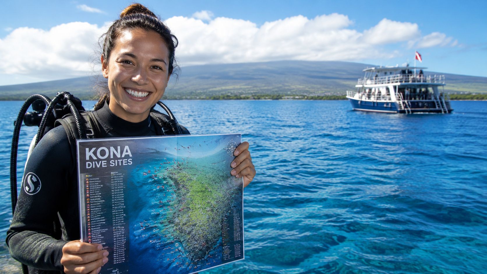 A smiling diver holding a Kona dive sites map on a boat with the ocean in background.