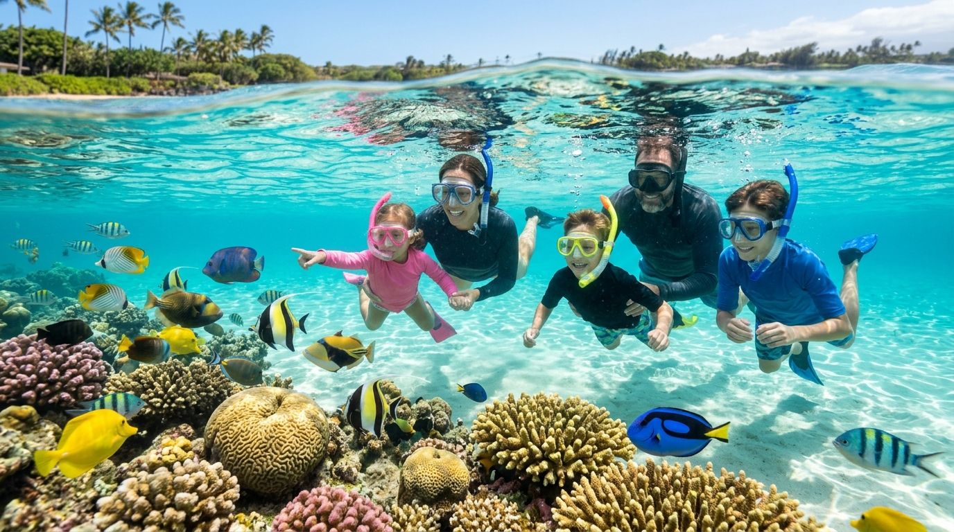 A family snorkeling together in clear blue ocean water among colorful coral reefs and tropical fish.