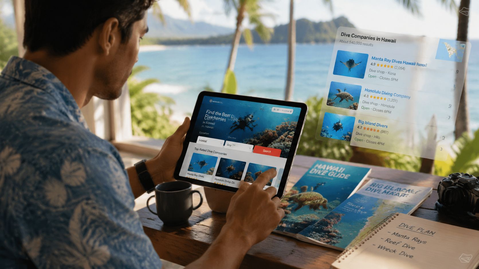 A person using a tablet to search for dive companies in Hawaii while planning a trip.