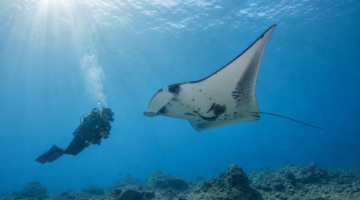 A scuba diver swims underwater alongside a graceful manta ray in the clear blue ocean waters.