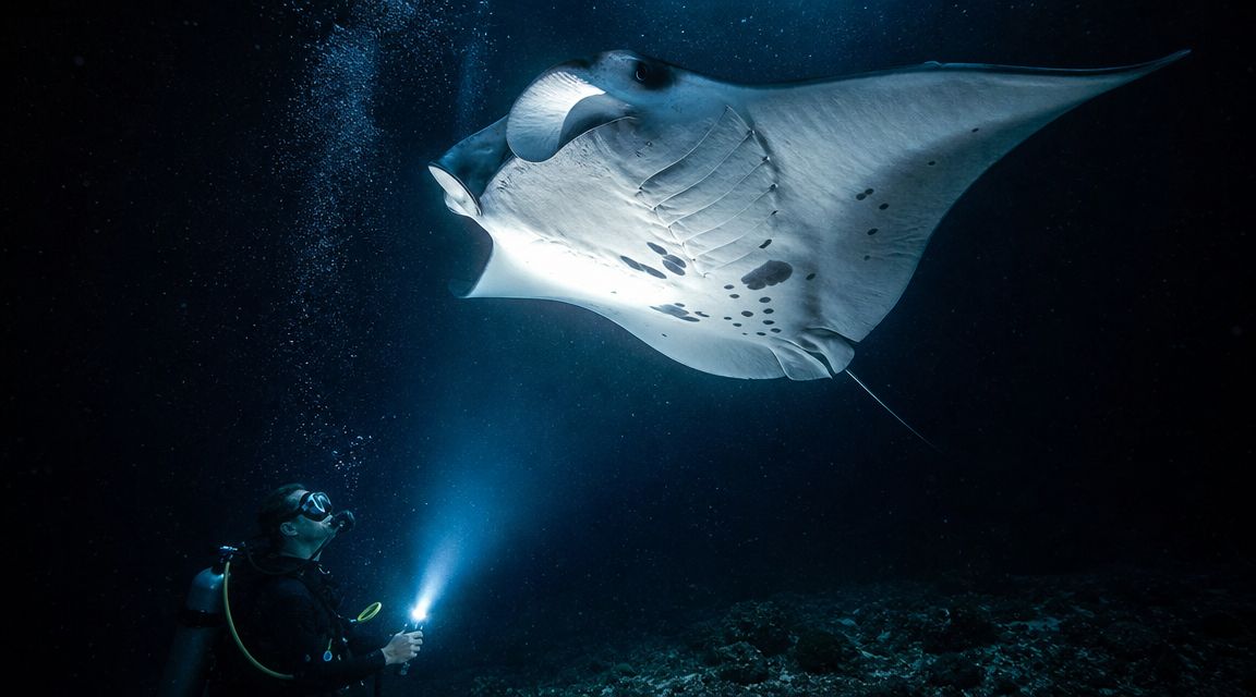 A scuba diver explores the deep ocean at night with a flashlight, encountering a large manta ray.