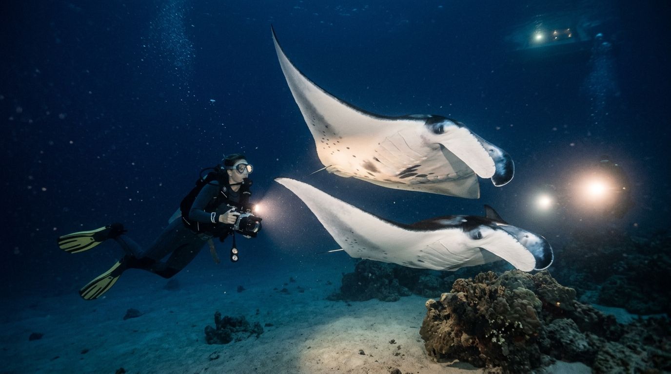 A scuba diver photographing two manta rays swimming underwater during a Kona diving company excursion.