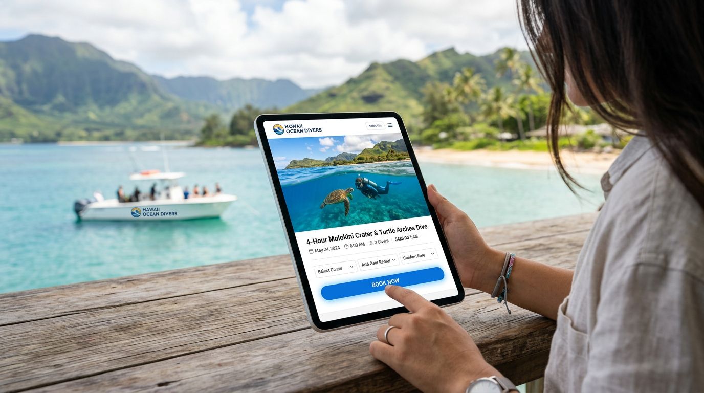 A woman using a tablet to book a scuba diving excursion with Hawaii Ocean Divers by the beach.