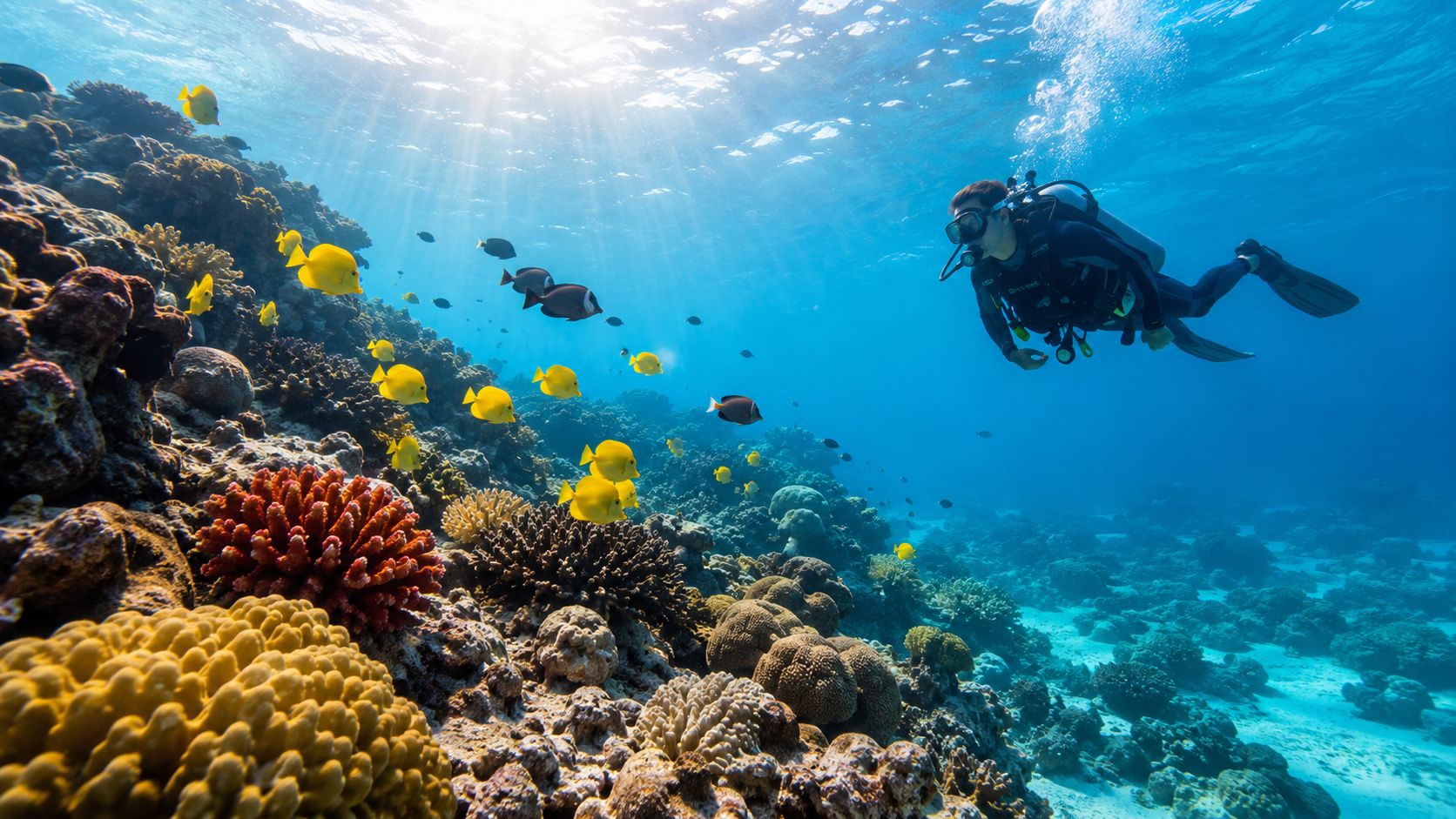A scuba diver explores a vibrant tropical coral reef teeming with schools of yellow and dark fish.