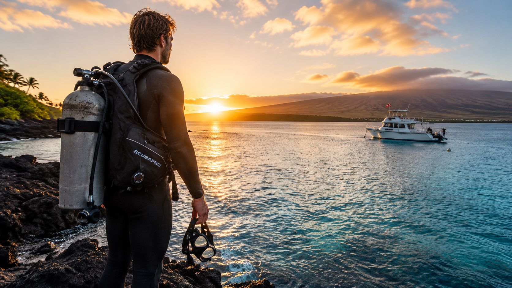 A scuba diver in a wetsuit stands on volcanic rocks looking out at a boat at sunset.