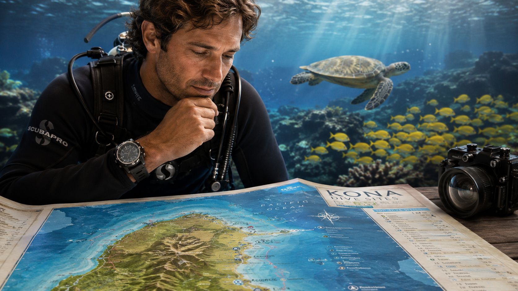 A scuba diver wearing full gear studies a detailed Kona dive site map underwater near coral reefs.