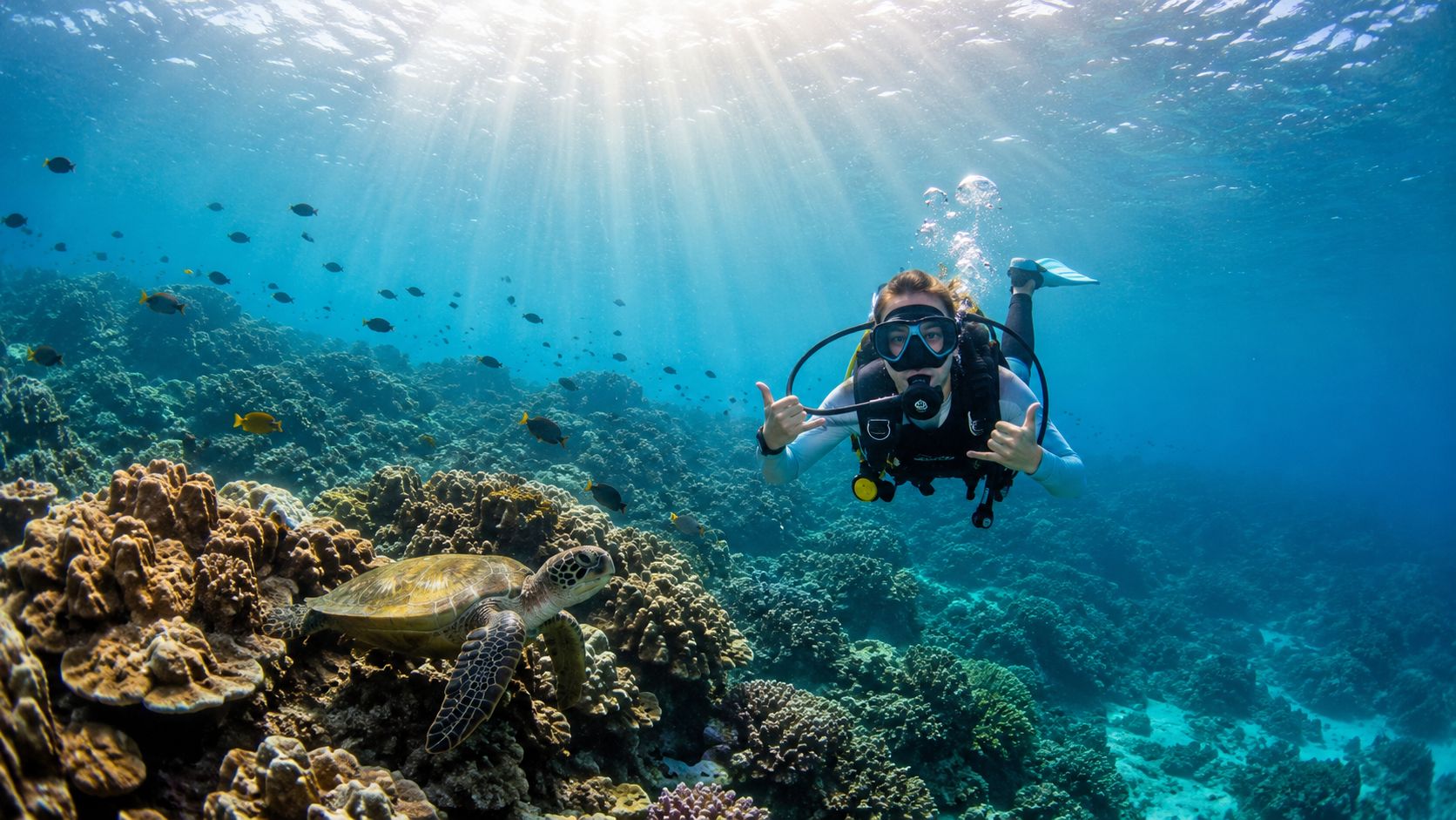 A scuba diver giving the shaka sign while swimming near a sea turtle on a coral reef.