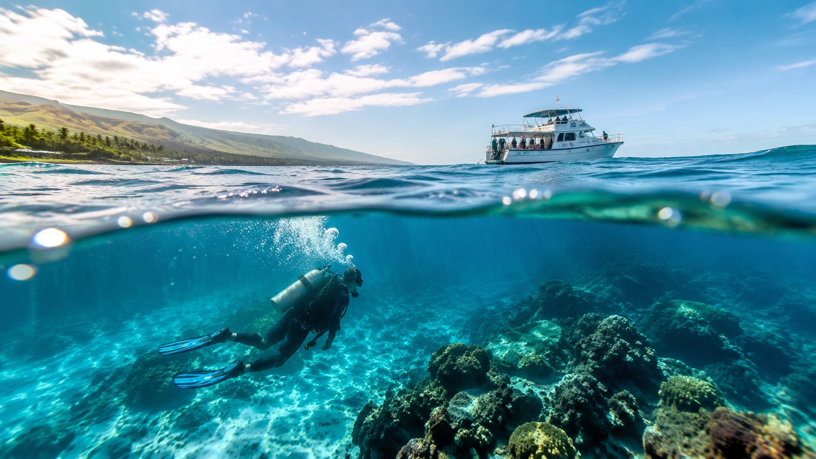 A scuba diver explores a vibrant coral reef near a boat in clear tropical waters off Hawaii.