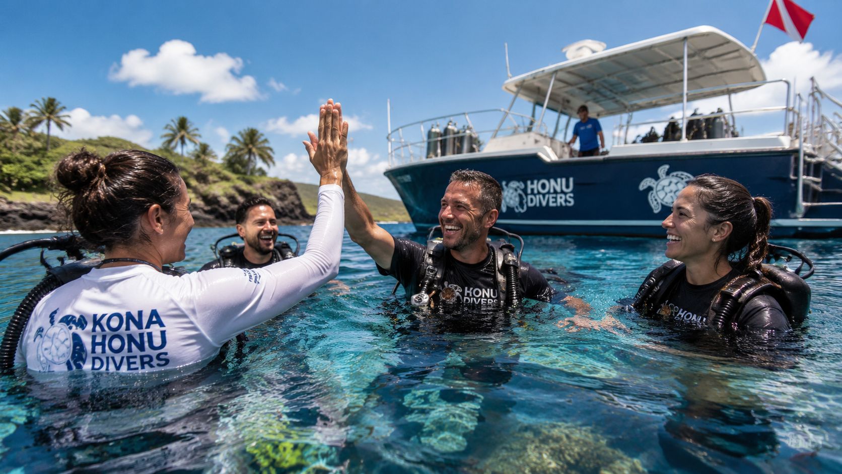 Scuba divers in water giving each other a high five near a boat off the coast.