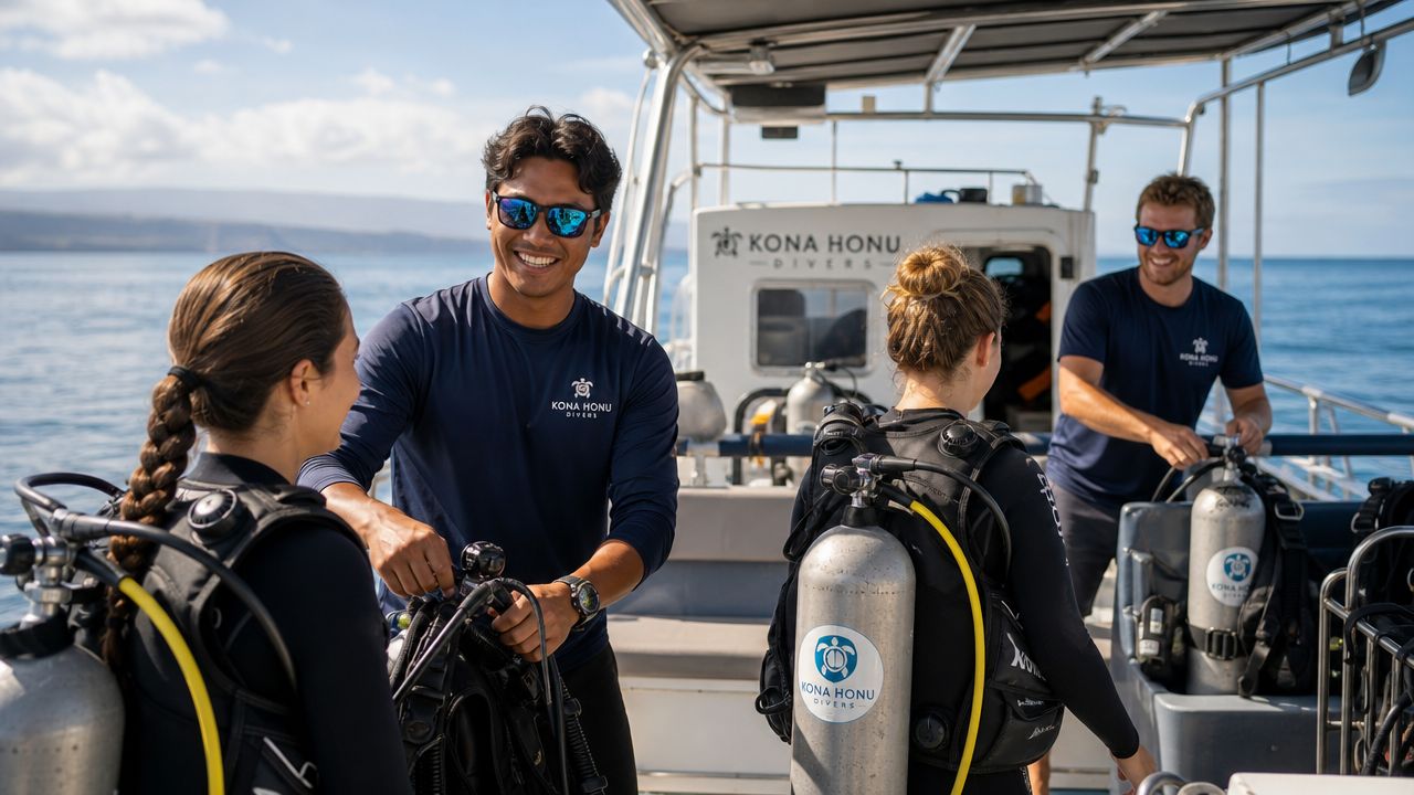 Scuba instructors assisting customers with diving gear on a Kona Honu Divers boat in Hawaii.