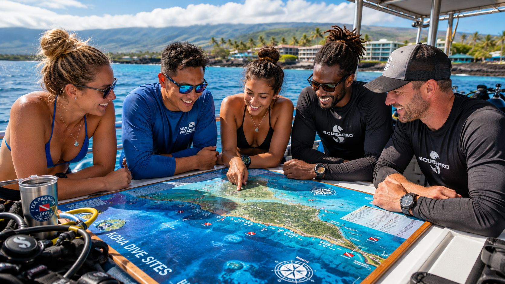 A group of divers looking at a Kona dive site map on a boat deck.