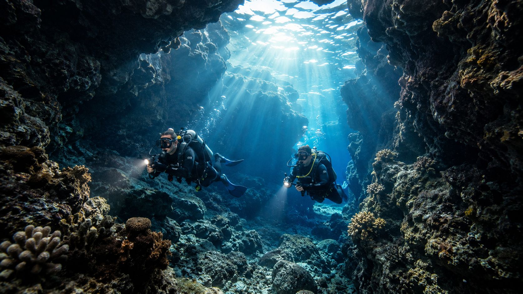 Two scuba divers exploring a beautiful underwater cavern with sunlight rays filtering through the clear blue water.