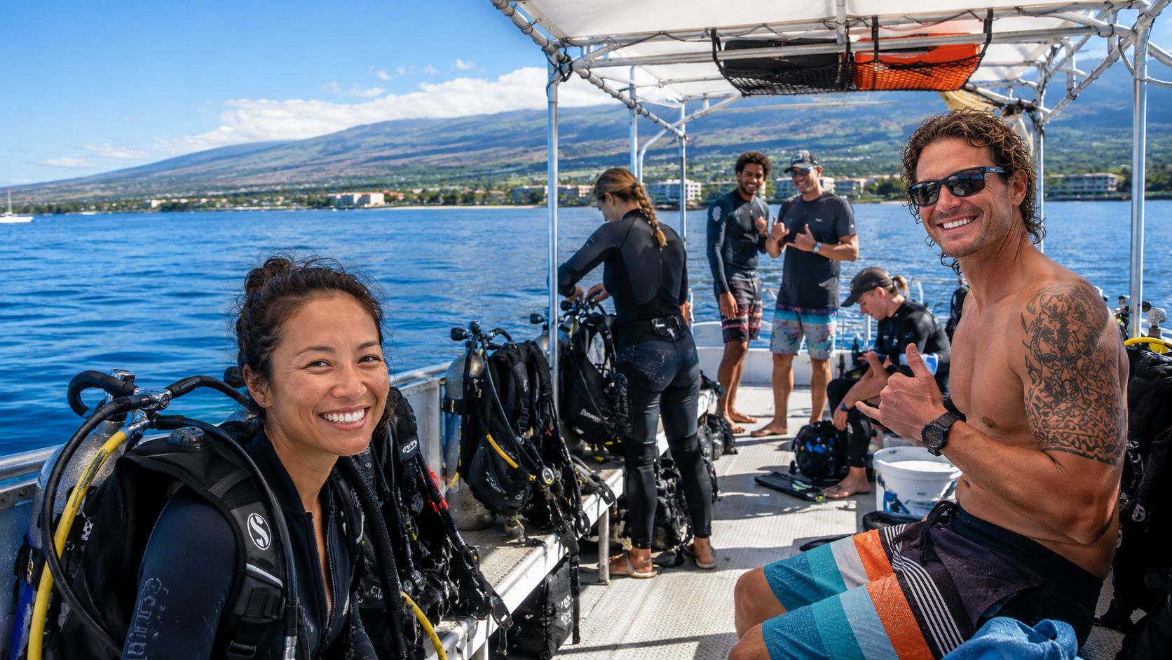 A diverse group of scuba divers smiling on a boat during a Kona diving excursion in Hawaii.