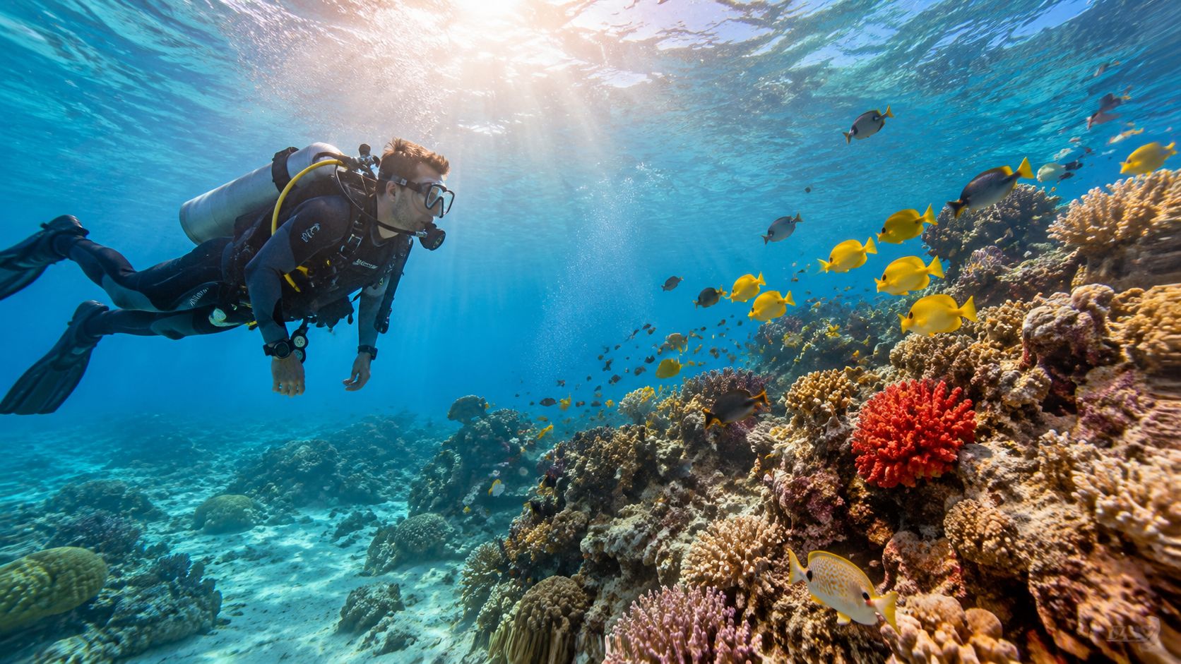 A scuba diver explores a vibrant tropical coral reef filled with colorful fish and sunlit waters.