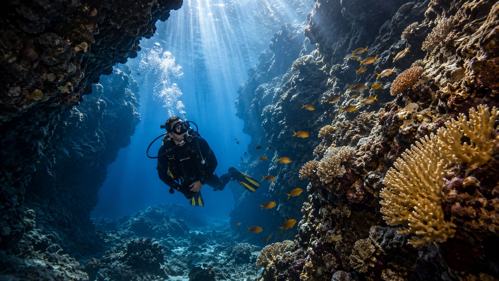 A scuba diver explores a vibrant underwater coral reef canyon illuminated by sunbeams piercing through the water.