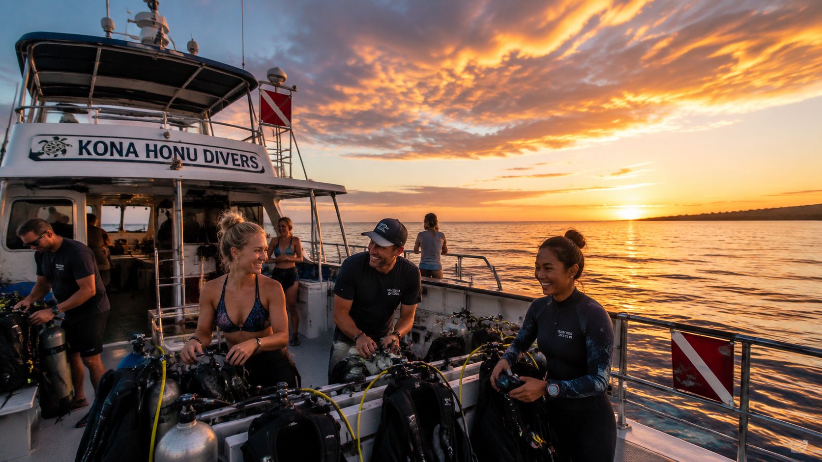 Divers preparing for a sunset scuba diving trip on a Kona Honu Divers boat in Hawaii.