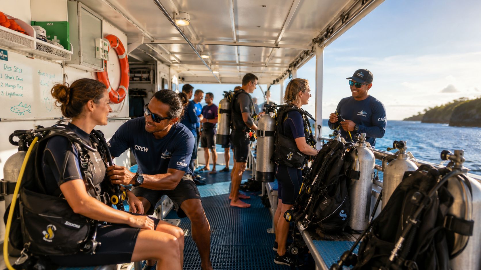 Scuba diving crew members on a boat prepping gear for a dive trip in Hawaii.