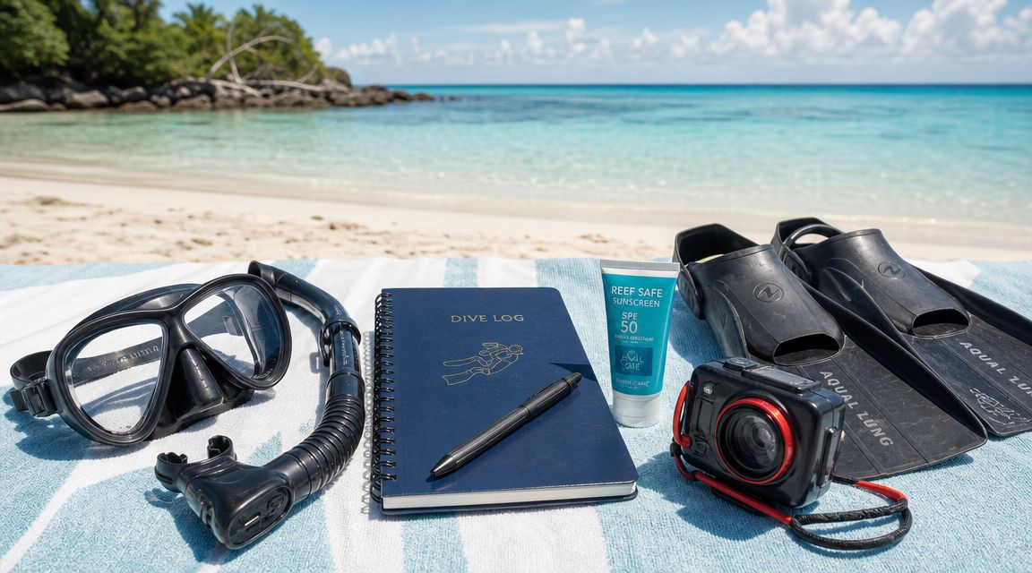 Scuba diving equipment including a mask, snorkel, logbook, sunscreen, fins, and a camera on a beach towel.