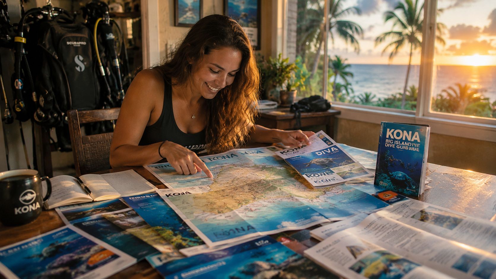 A woman smiling while planning dive sites on a map at a table with scuba gear.