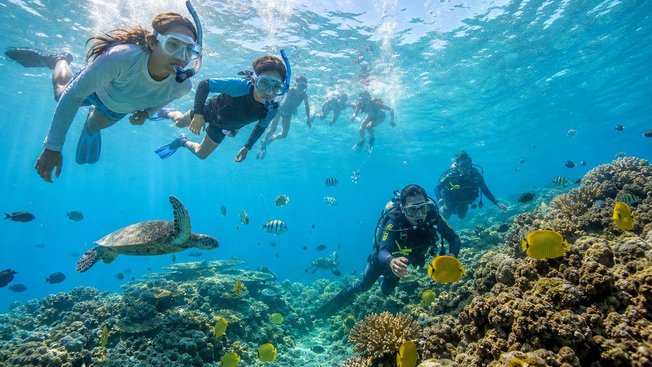 A group of snorkelers and scuba divers swimming in clear blue water with a sea turtle and coral.