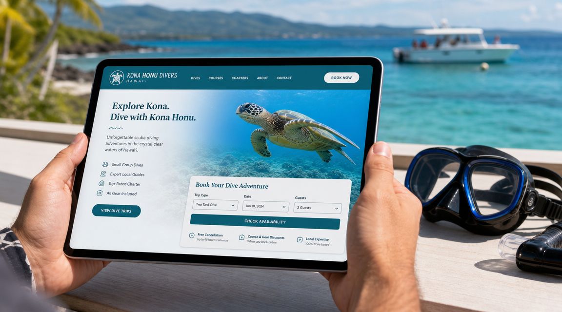 A person holds a tablet displaying the Kona Honu Divers website overlooking a tropical ocean view.
