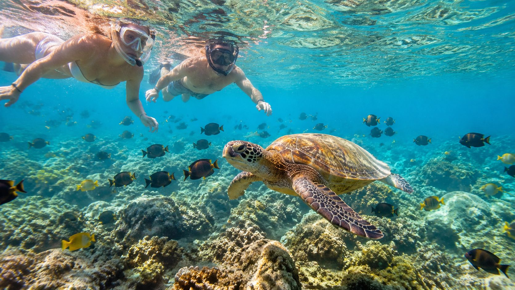 A woman and a man snorkeling in clear tropical water alongside a large sea turtle and fish.