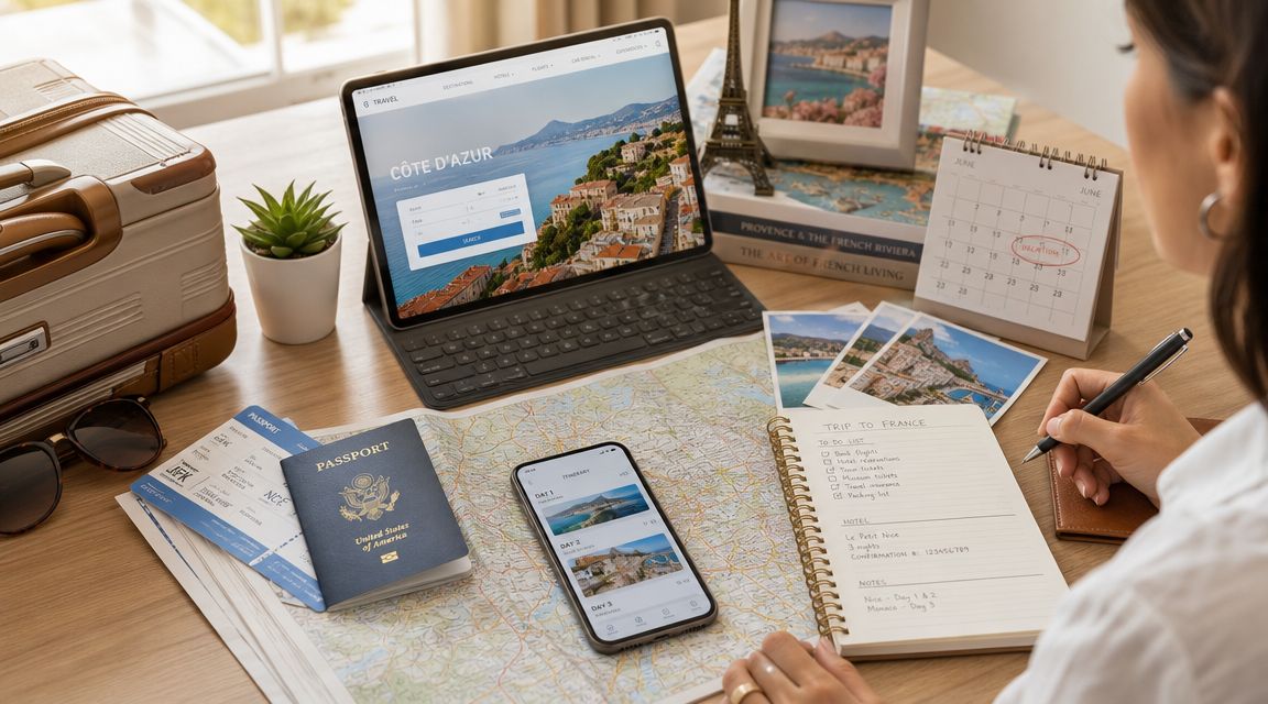 A woman planning a French vacation with a travel map, passport, tablet, and trip itinerary on a desk.