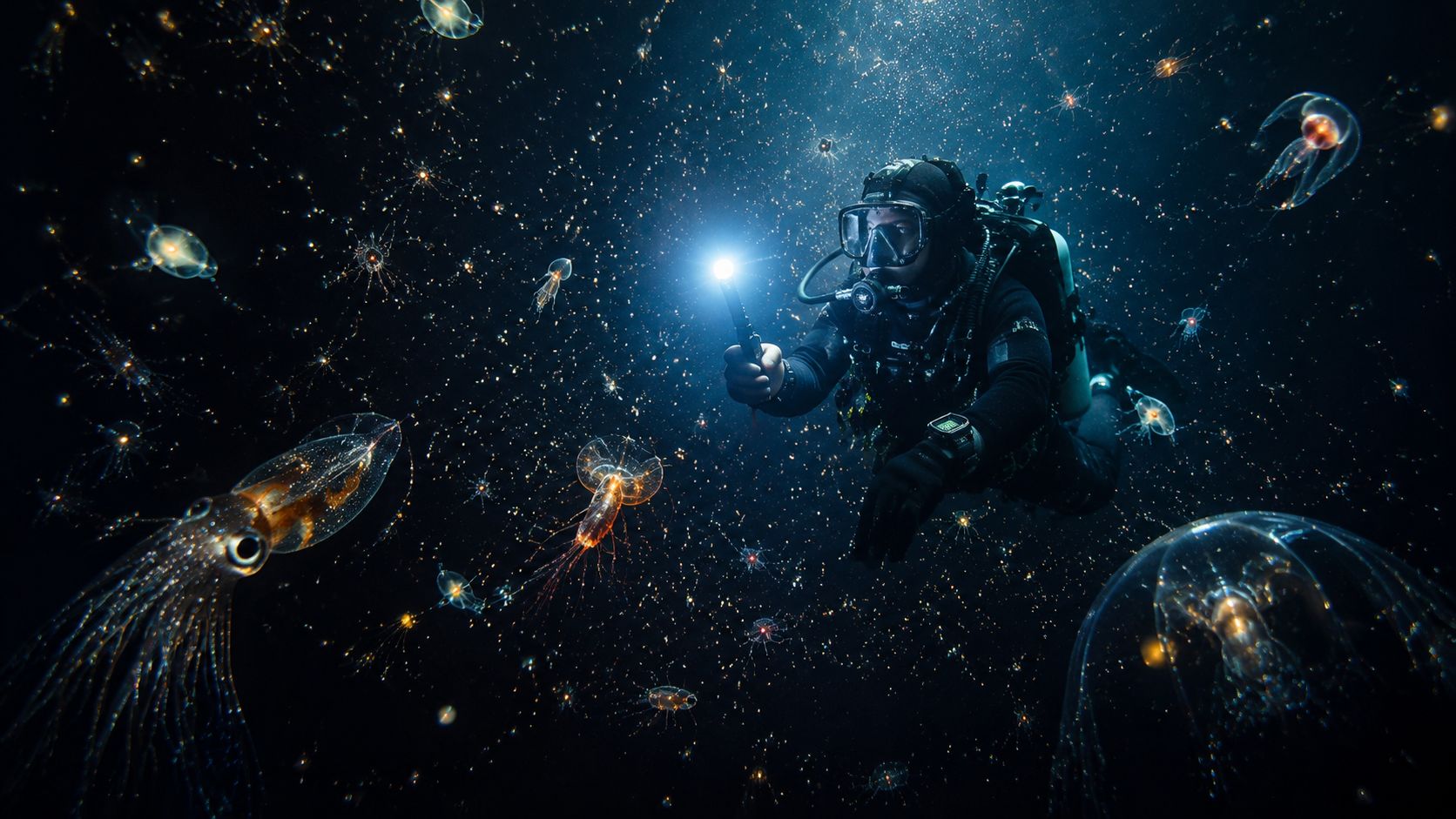A scuba diver explores the dark ocean depths, illuminated by a flashlight, surrounded by bioluminescent jellyfish and squid.
