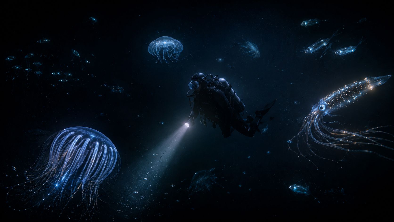 A scuba diver explores the dark ocean depths, illuminated by a flashlight surrounded by glowing marine life.