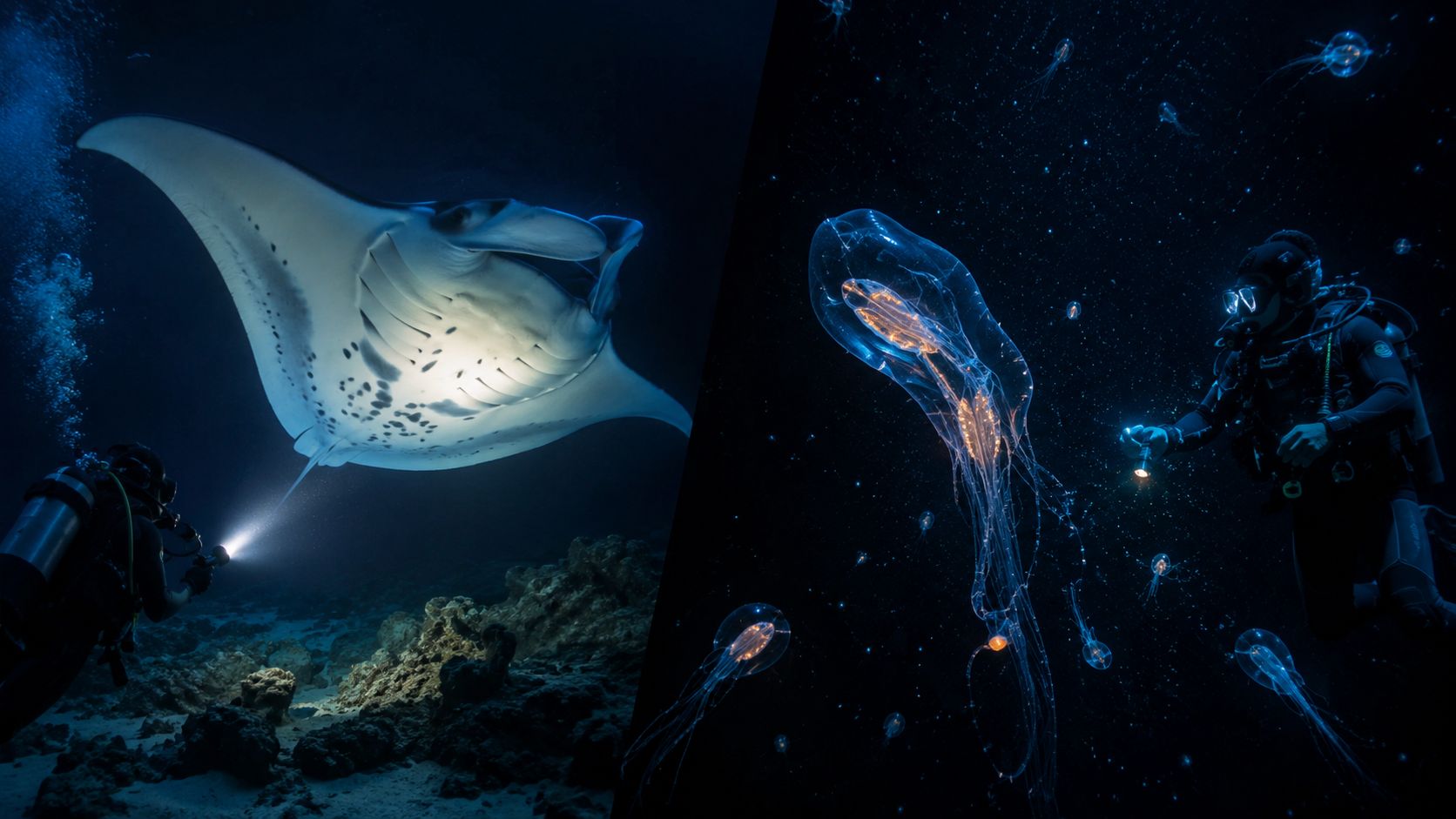 Scuba divers exploring the dark ocean depths alongside a large manta ray and glowing jellyfish during night dives.