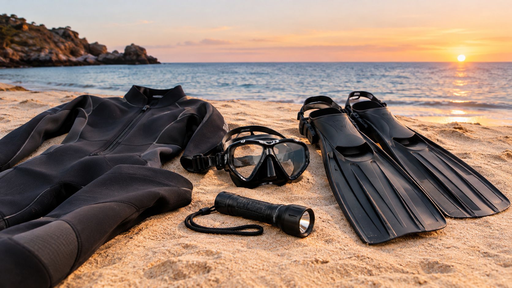Scuba diving equipment including a wetsuit, snorkeling mask, flashlight, and fins lying on a sandy beach at sunset.