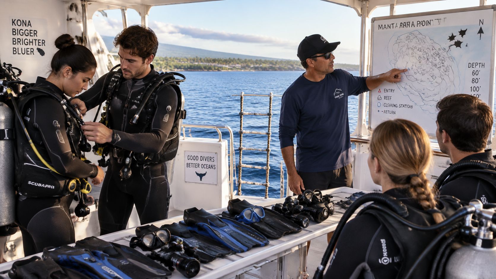 A dive instructor points to a map while briefing divers on a boat for a manta dive.