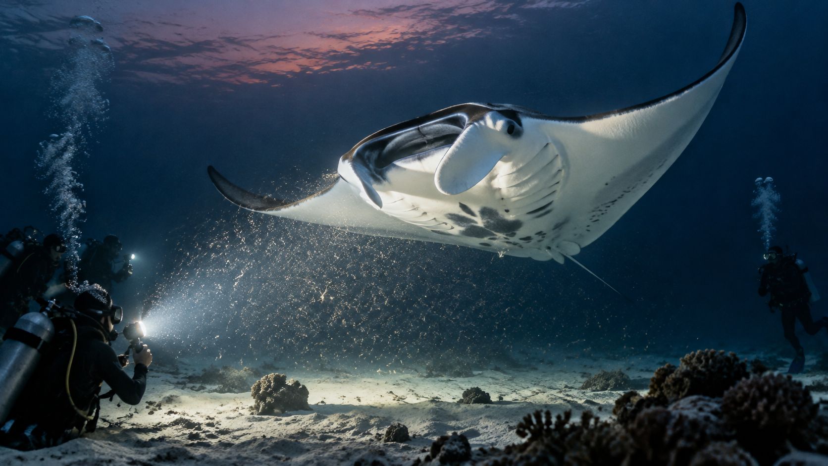 Scuba divers use underwater lights to photograph a majestic manta ray swimming over the ocean floor.