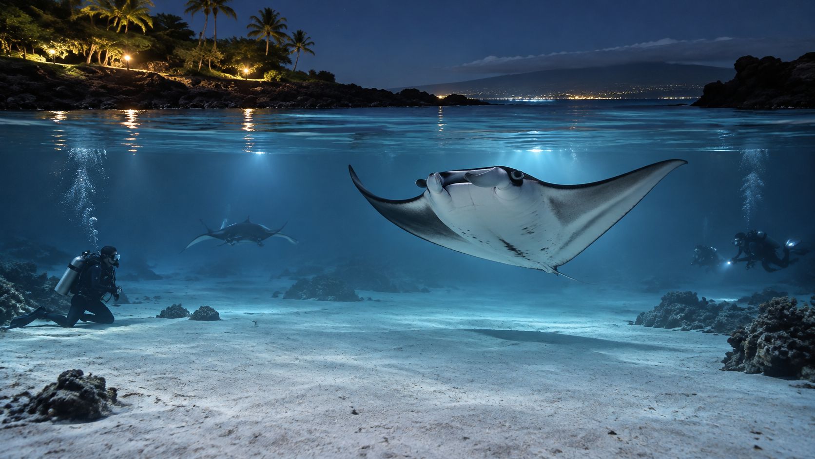 Scuba divers watch majestic manta rays swimming through crystal clear ocean waters at night near a tropical shore.