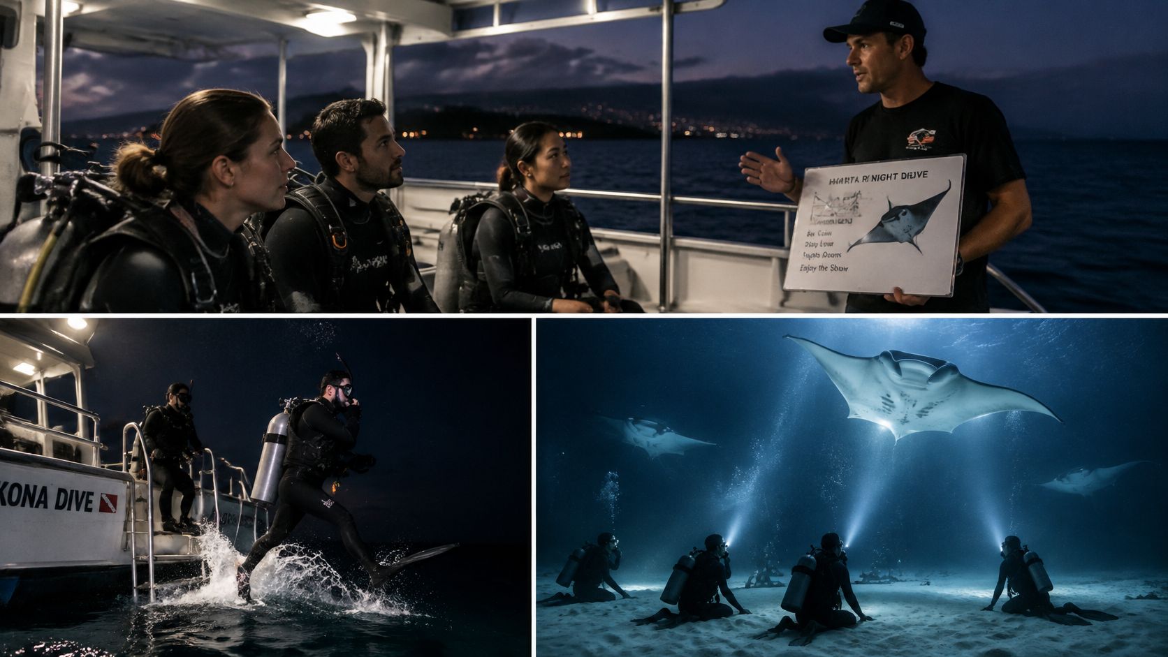 Scuba divers preparing for and experiencing a night manta ray dive near a boat in Kona Hawaii.