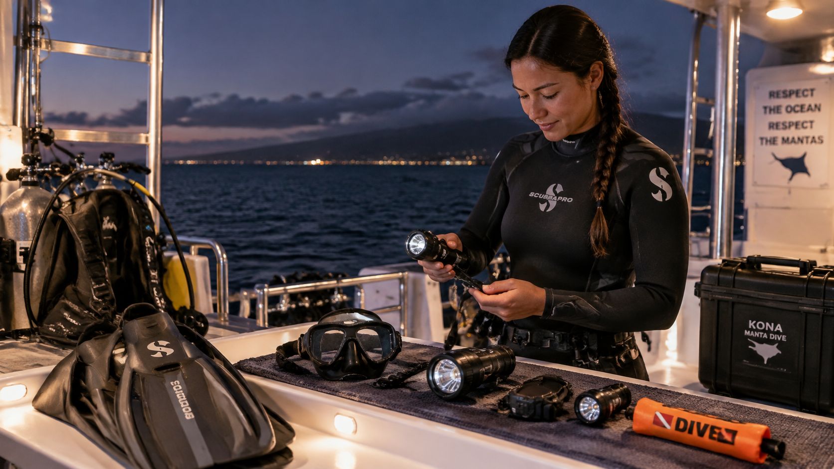A female diver preparing her scuba gear, including masks and torches, on a boat at night.