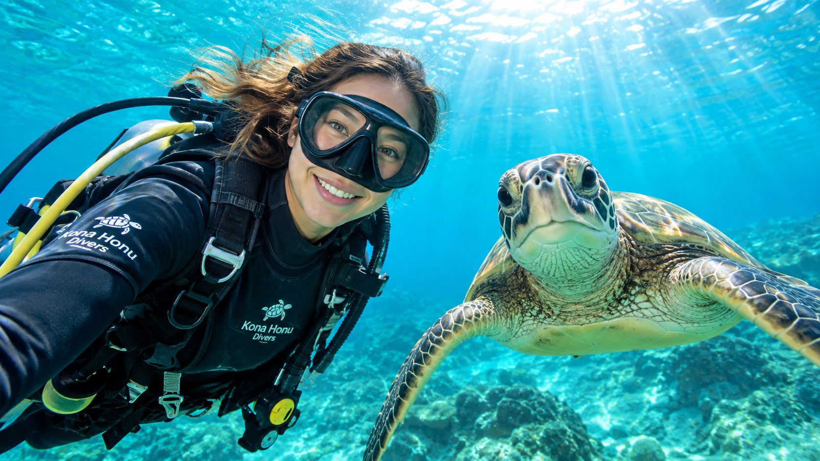 A smiling scuba diver takes a selfie with a curious sea turtle underwater in clear blue ocean
