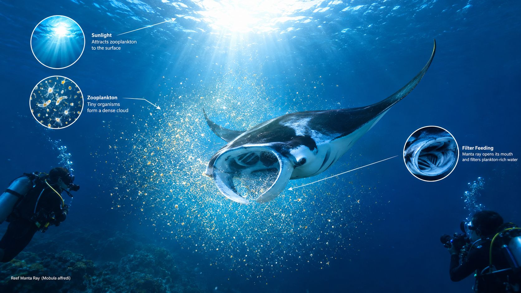 A majestic manta ray filter feeding on zooplankton in the ocean while divers observe nearby.